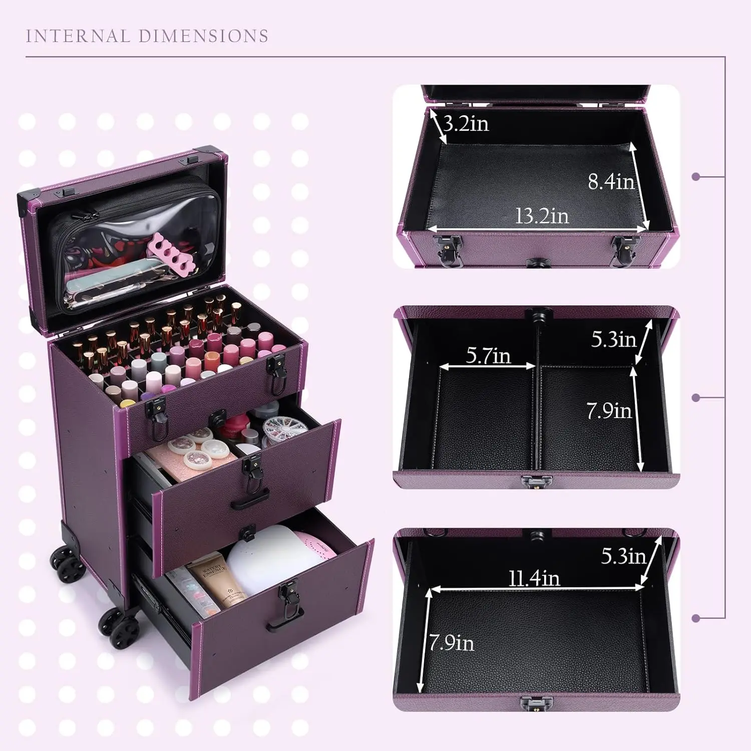 Rolling Nail Case Wheeled Manicure Storage Case Polish Organizer Professional Makeup Trolley for Studio or Travelling Nail