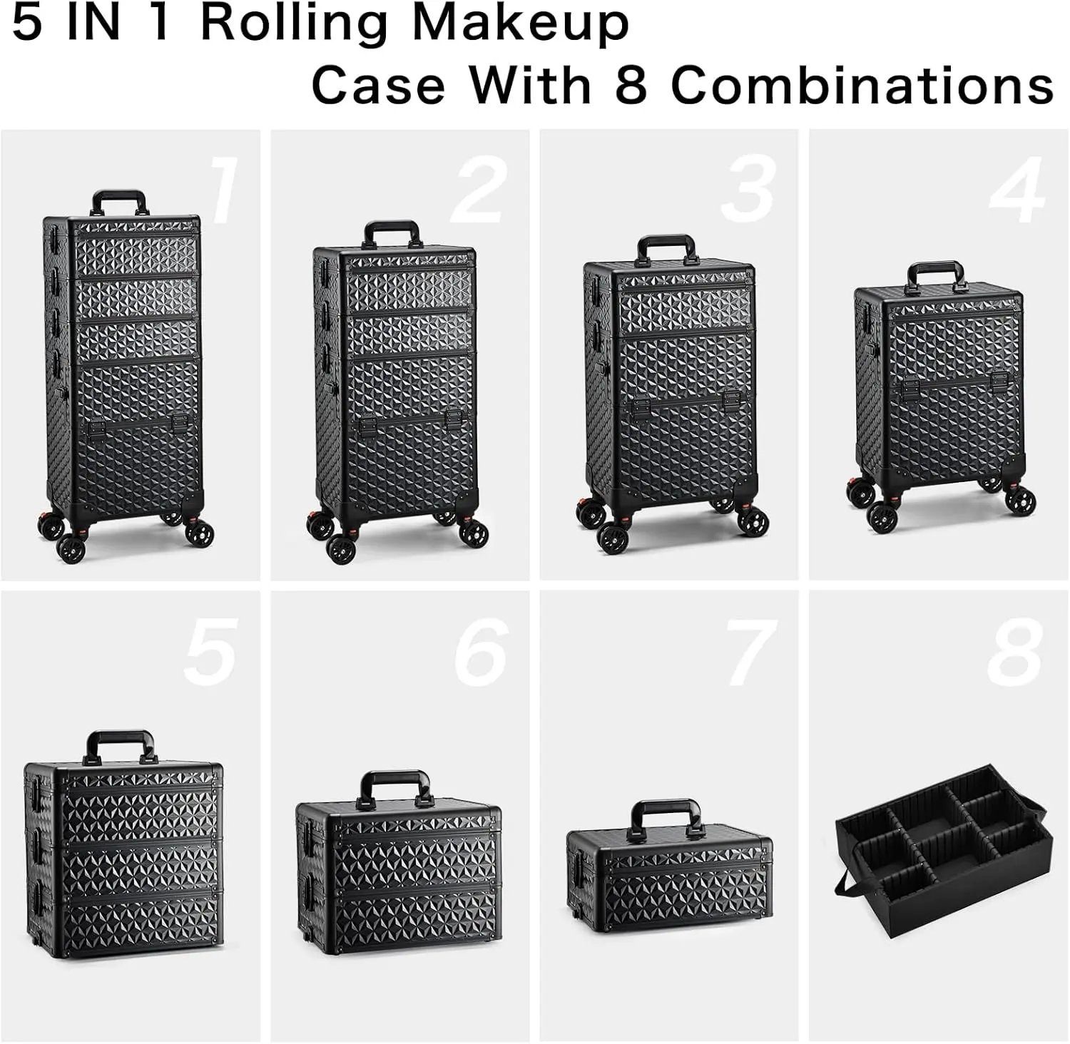 5 in 1 Makeup Train Case, Cosmetology Case on Wheels Travel Make up Case Rolling Nail Cart Makeup Organizer Cosmetic