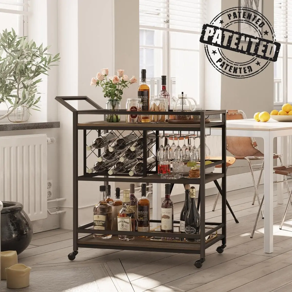 Bar Cart for The Home with Wine Rack and Glasses Holder, Small Home Bar Serving Cart on Wheels for Liquor and Alcohol