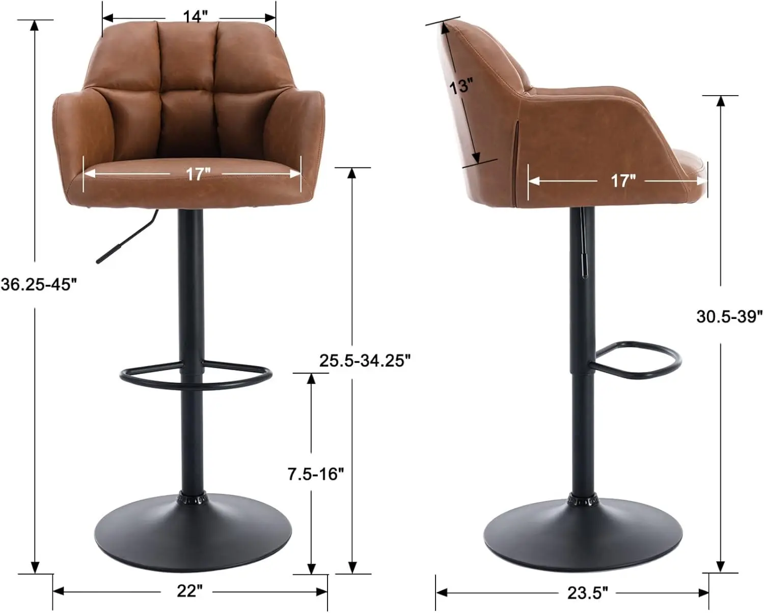 Modern Swivel Bar Stools Set of 2 Leather Counter Height Barstools with Back and Arms Adjustable Bar Stool Chairs with Metal