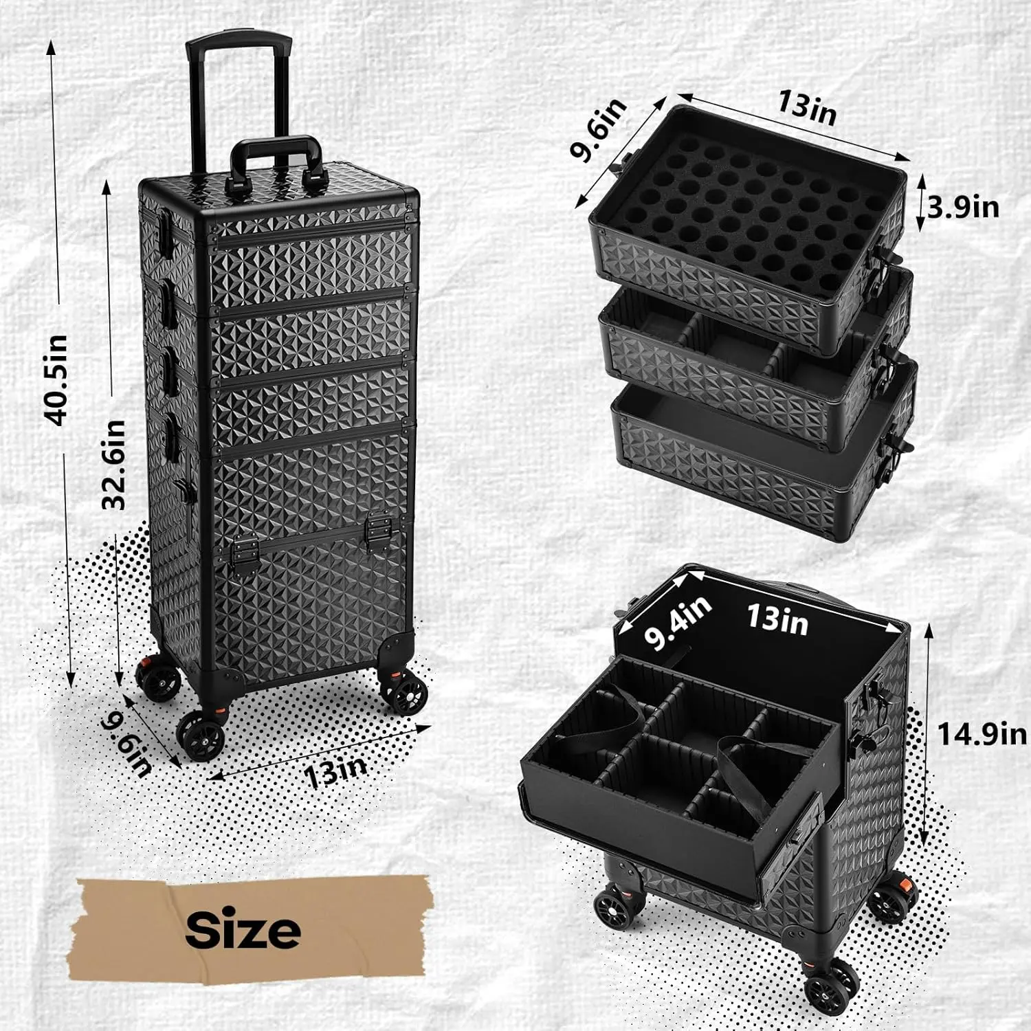 5 in 1 Makeup Train Case, Cosmetology Case on Wheels Travel Make up Case Rolling Nail Cart Makeup Organizer Cosmetic