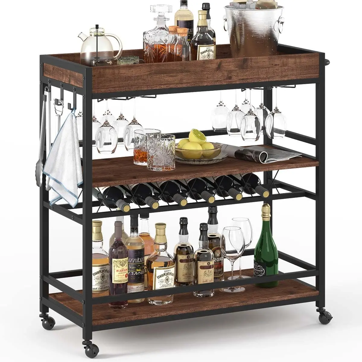 Bar Cart for The Home, Rolling Home Bar Serving Cart on Wheels, 3 Tier Liquor Beverage Carts with Wine Rack and Glass Holder