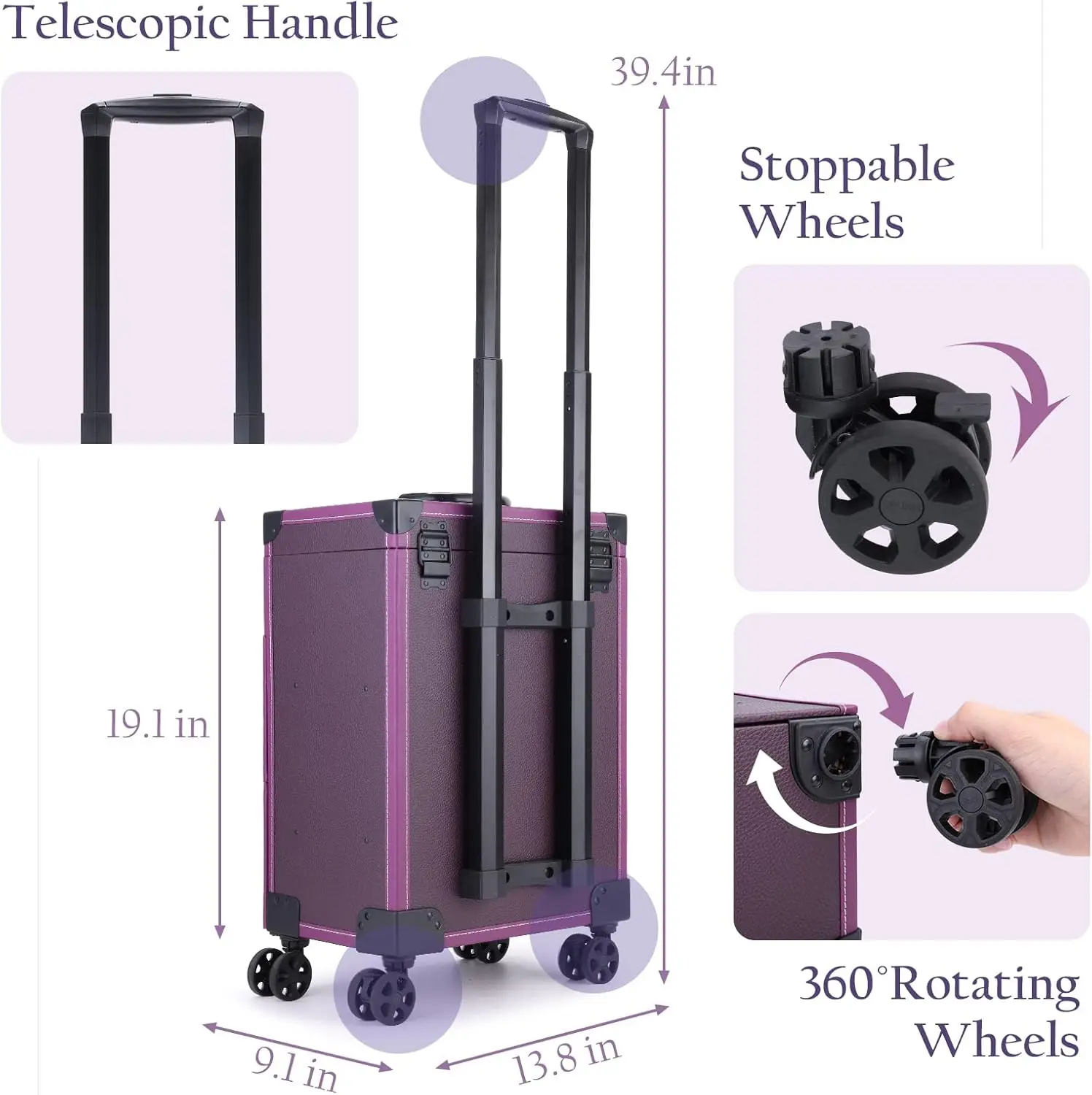 Rolling Nail Case Wheeled Manicure Storage Case Polish Organizer Professional Makeup Trolley for Studio or Travelling Nail