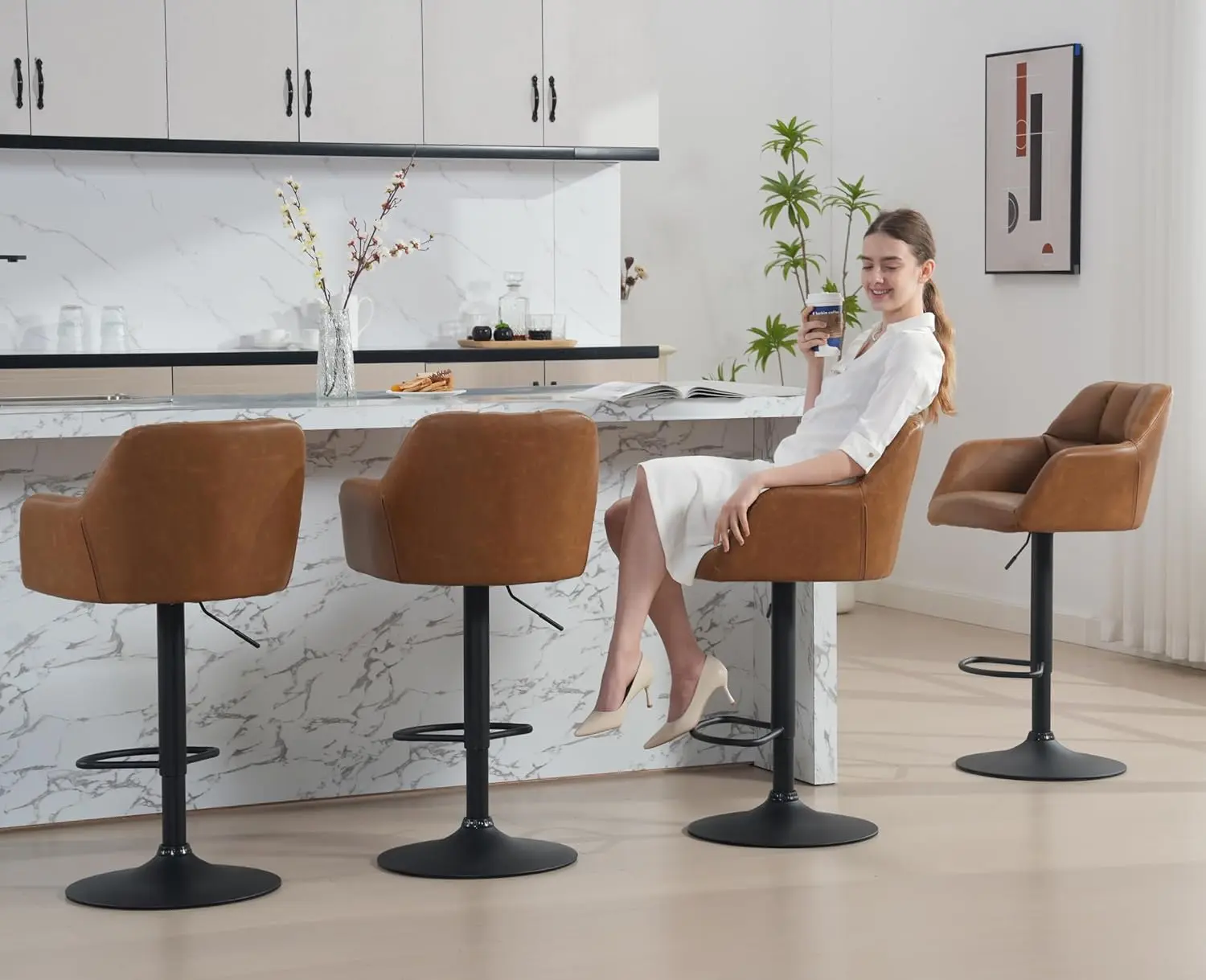 Modern Swivel Bar Stools Set of 2 Leather Counter Height Barstools with Back and Arms Adjustable Bar Stool Chairs with Metal