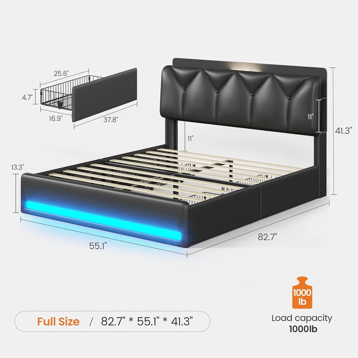 Full Size Bed Frame with 4 Storage Drawers and Charging Station, Slanted Hidden Storage Headboard, Upholstered Black Led