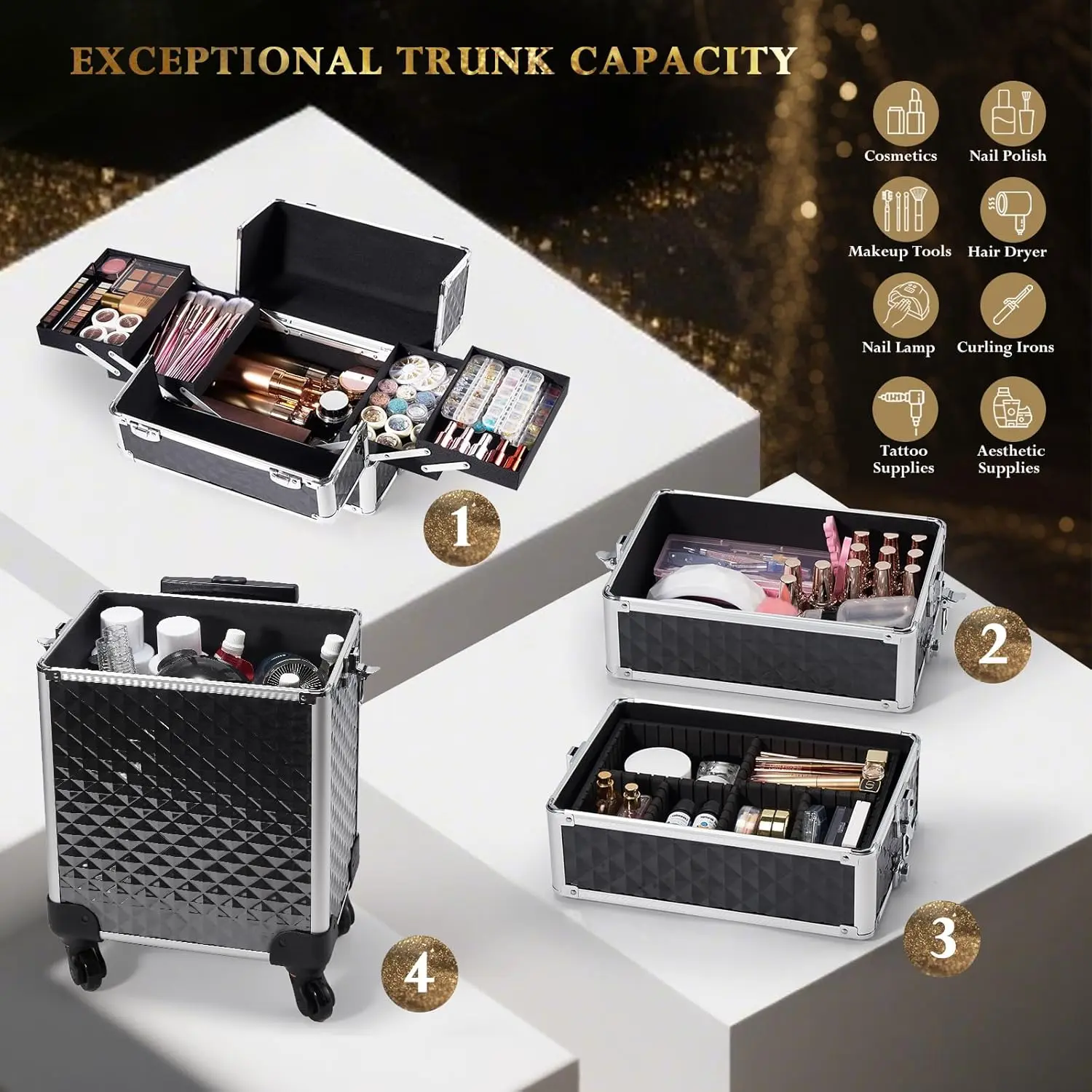 Stagiant Rolling Makeup Case Cosmetology on Wheels 4 in 1 Large Cosmetic Organizer Train  Makeup Travel Case