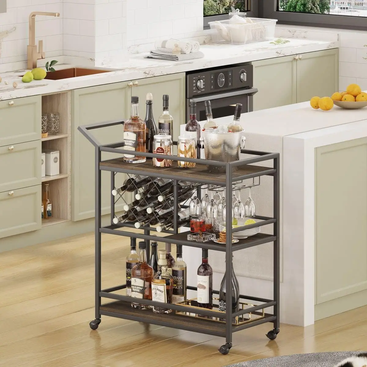 Bar Cart for The Home with Wine Rack and Glasses Holder, Small Home Bar Serving Cart on Wheels for Liquor and Alcohol