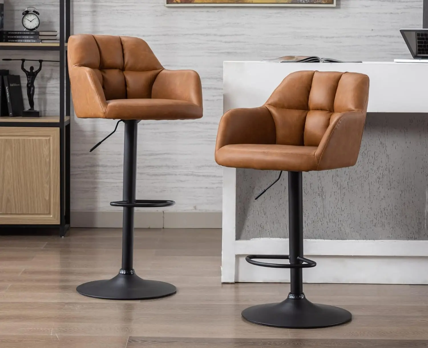 Modern Swivel Bar Stools Set of 2 Leather Counter Height Barstools with Back and Arms Adjustable Bar Stool Chairs with Metal