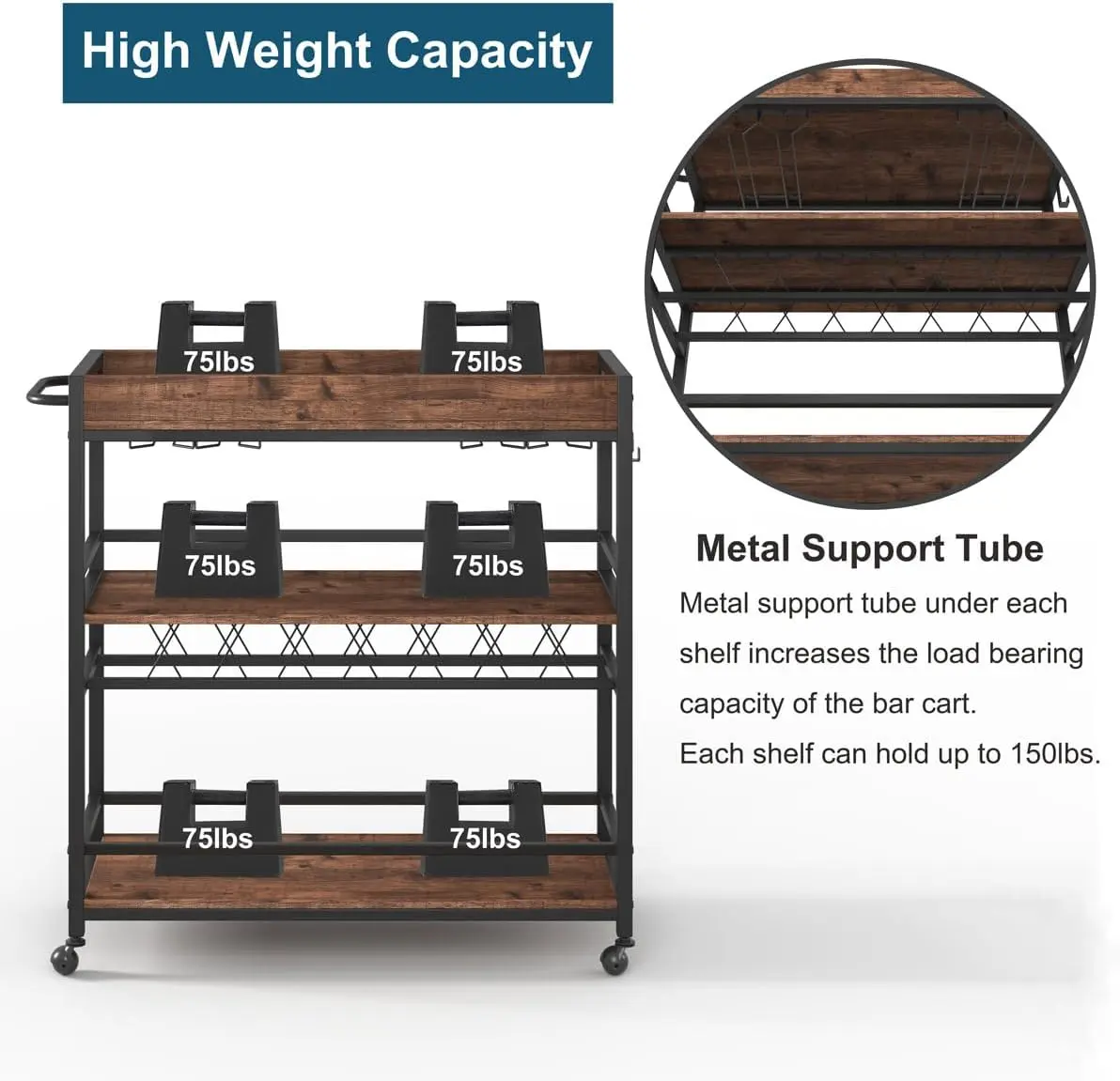 Bar Cart for The Home, Rolling Home Bar Serving Cart on Wheels, 3 Tier Liquor Beverage Carts with Wine Rack and Glass Holder