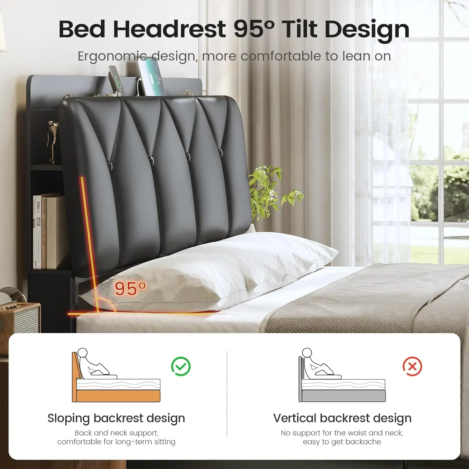 Full Size Bed Frame with 4 Storage Drawers and Charging Station, Slanted Hidden Storage Headboard, Upholstered Black Led