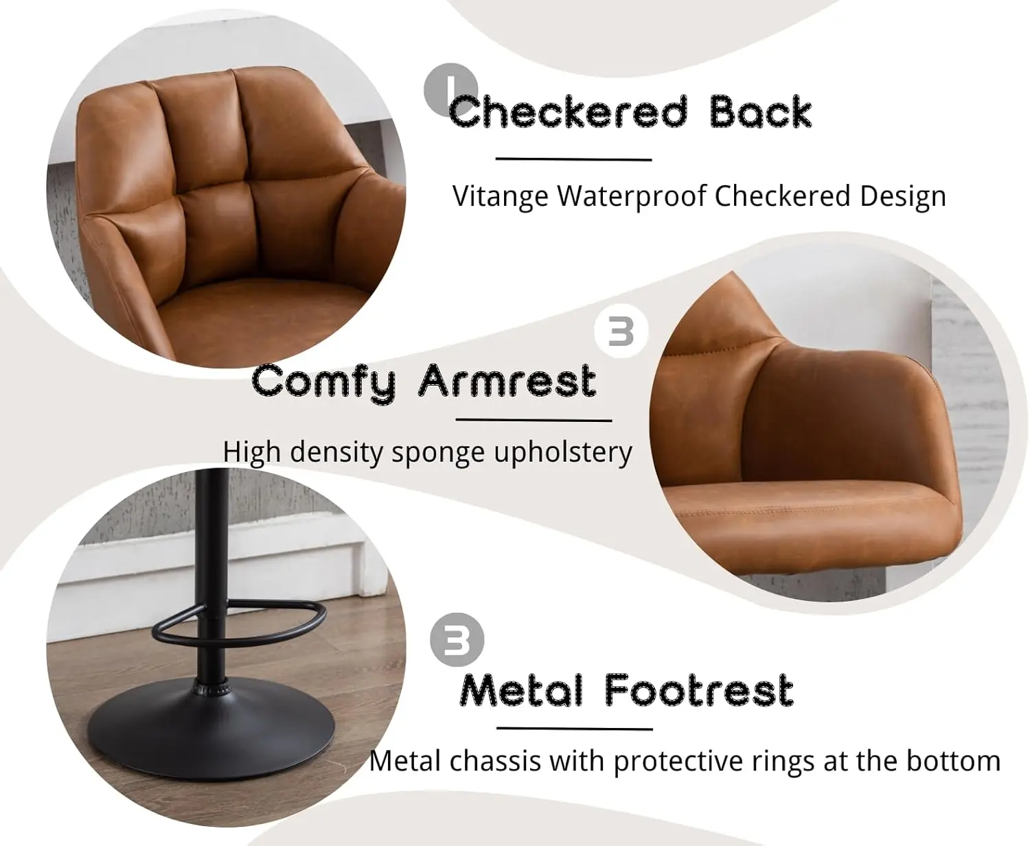 Modern Swivel Bar Stools Set of 2 Leather Counter Height Barstools with Back and Arms Adjustable Bar Stool Chairs with Metal
