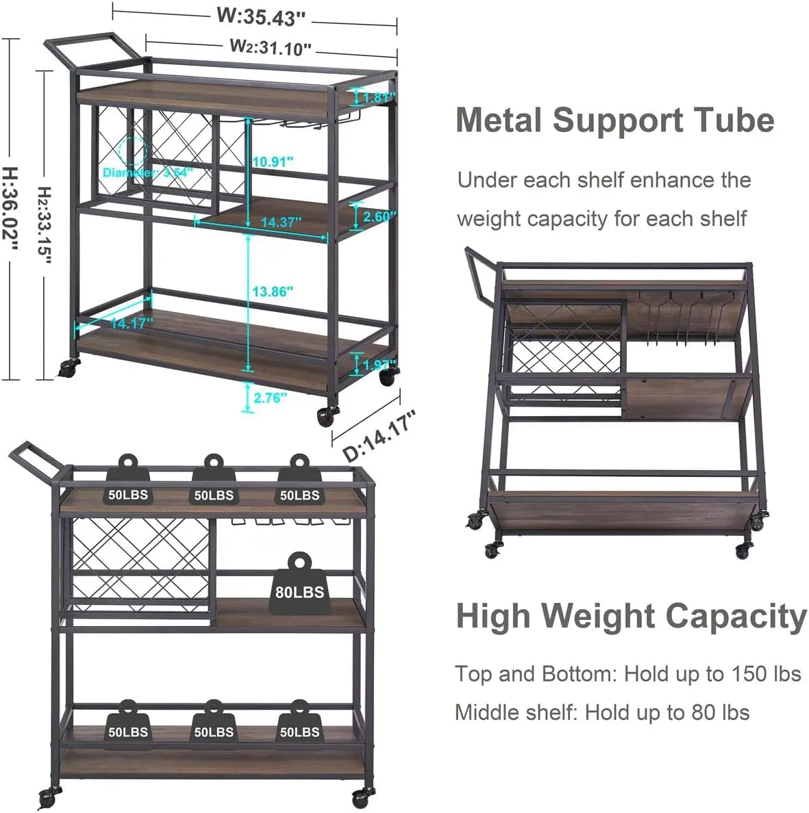 Bar Cart for The Home with Wine Rack and Glasses Holder, Small Home Bar Serving Cart on Wheels for Liquor and Alcohol