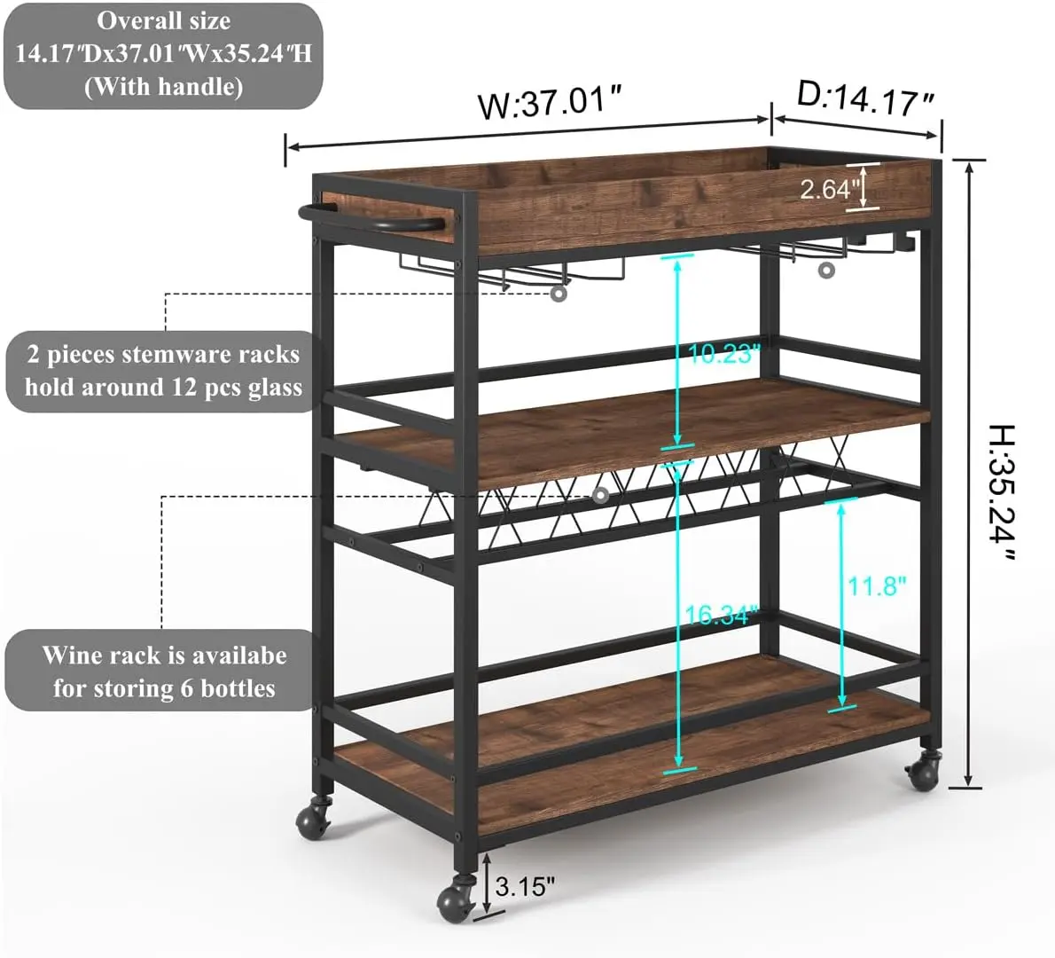 Bar Cart for The Home, Rolling Home Bar Serving Cart on Wheels, 3 Tier Liquor Beverage Carts with Wine Rack and Glass Holder