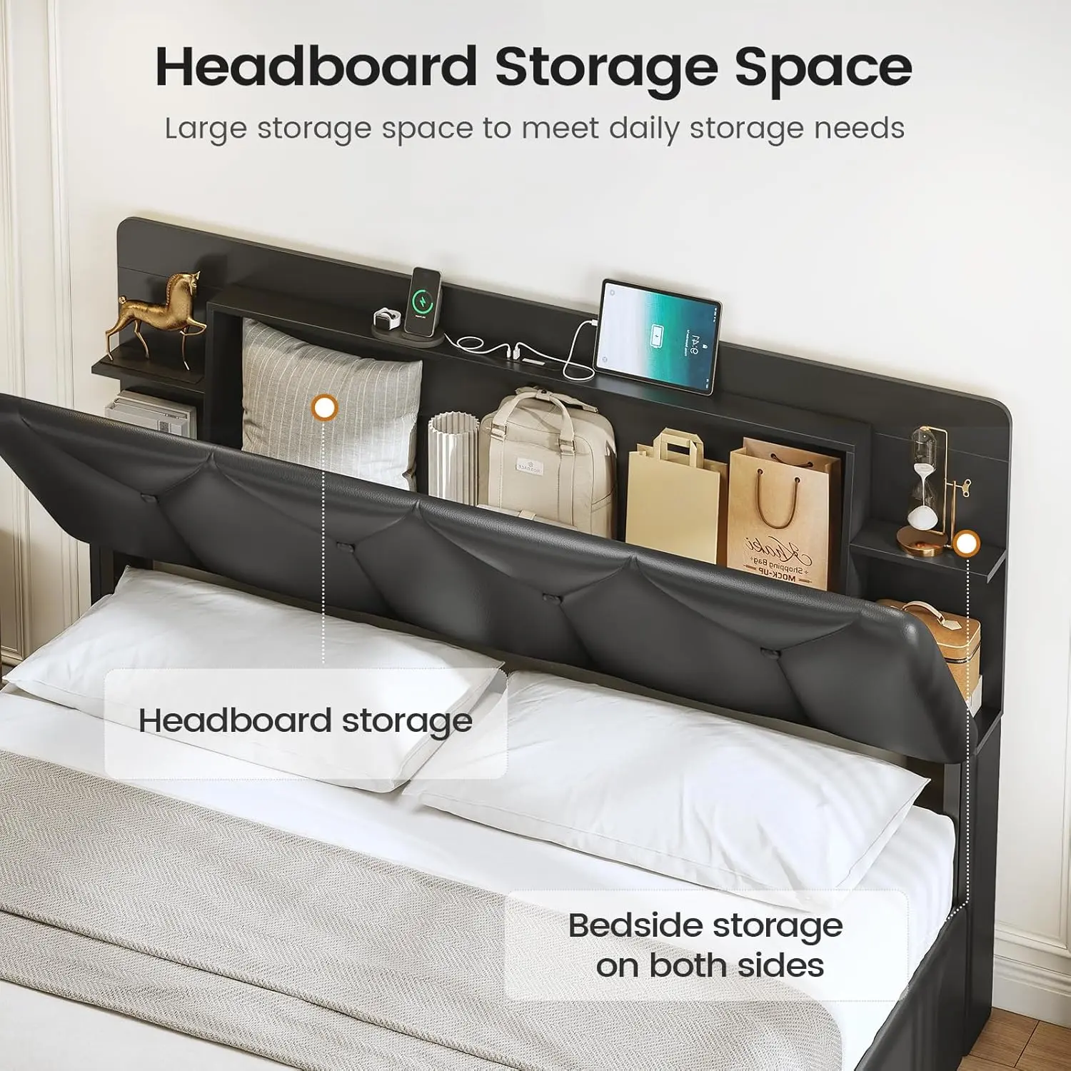 Full Size Bed Frame with 4 Storage Drawers and Charging Station, Slanted Hidden Storage Headboard, Upholstered Black Led