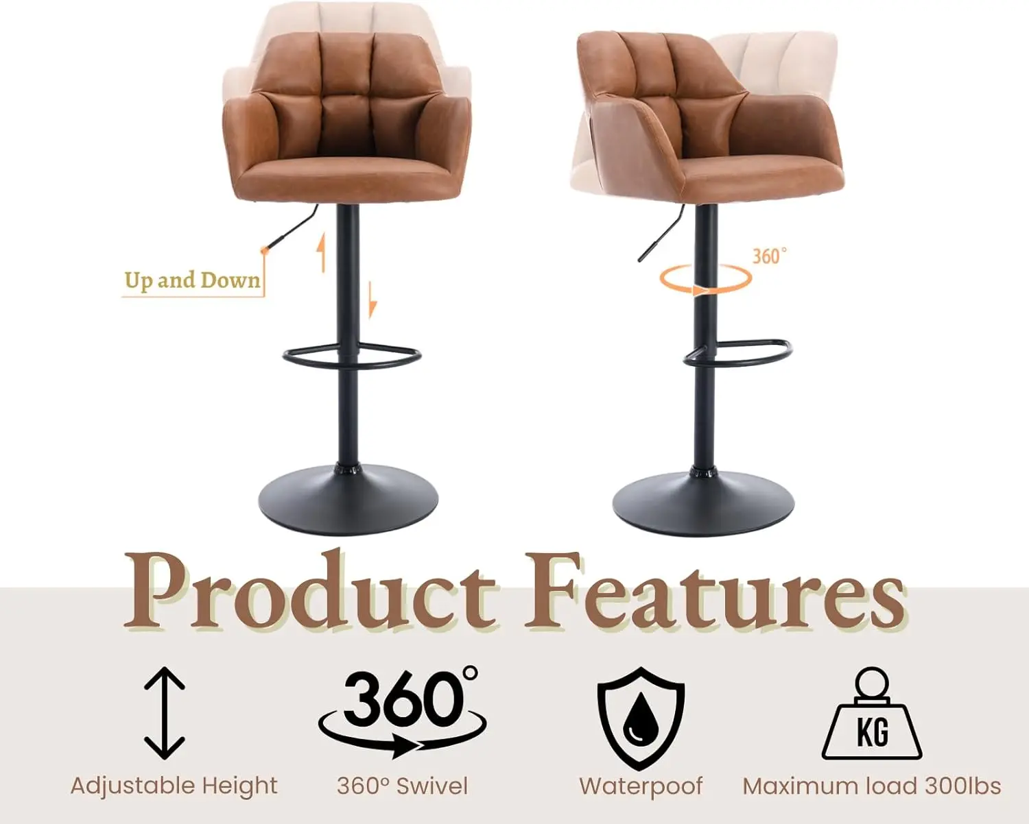 Modern Swivel Bar Stools Set of 2 Leather Counter Height Barstools with Back and Arms Adjustable Bar Stool Chairs with Metal