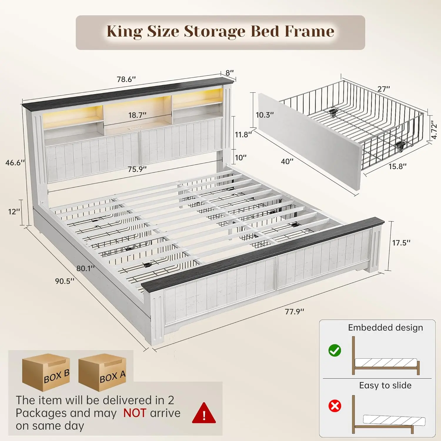 King Size Bed Frame and Headboard & Storage, 4 Drawers and LED Built in Charging Station King Bed Frame with Storage Farmhouse