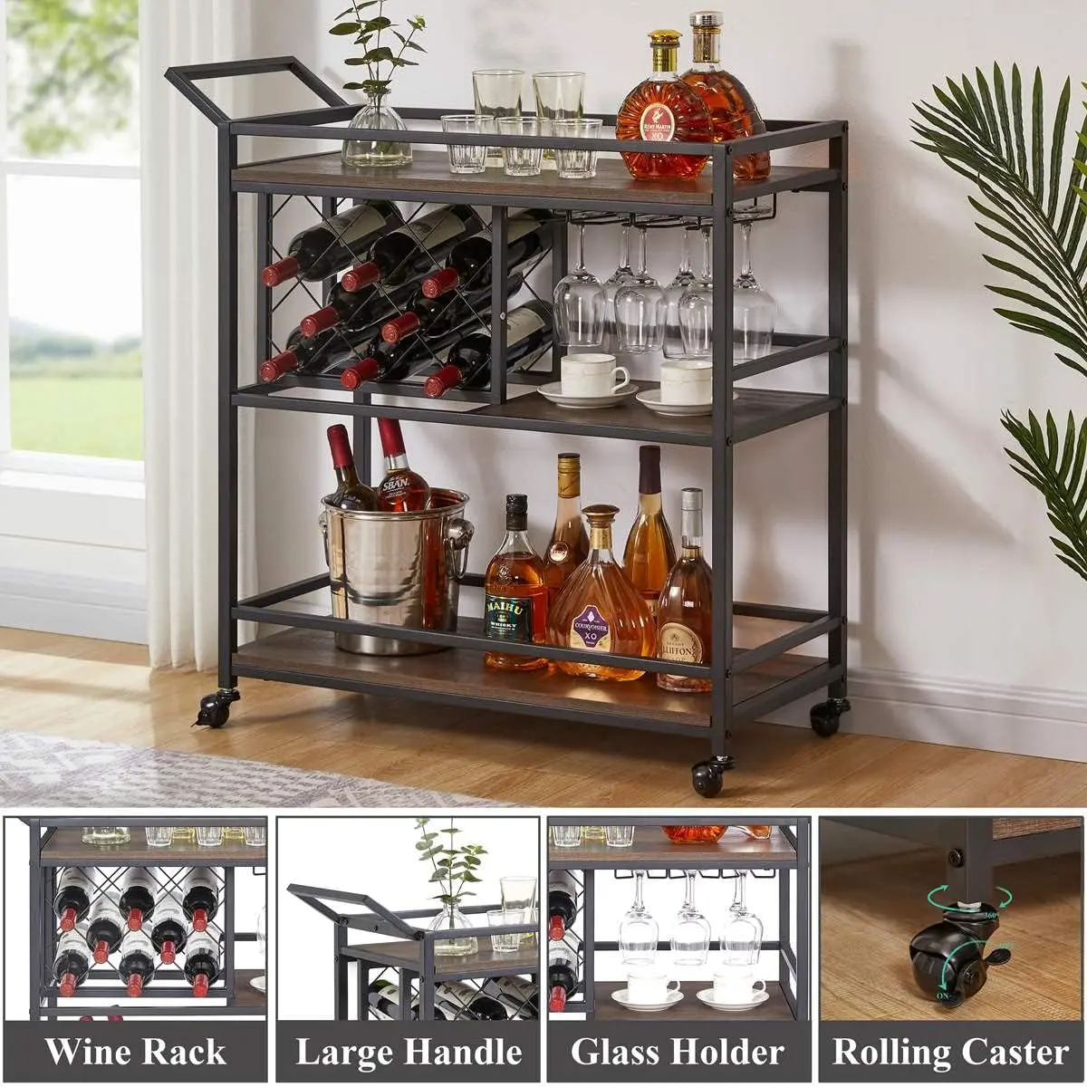 Bar Cart for The Home with Wine Rack and Glasses Holder, Small Home Bar Serving Cart on Wheels for Liquor and Alcohol