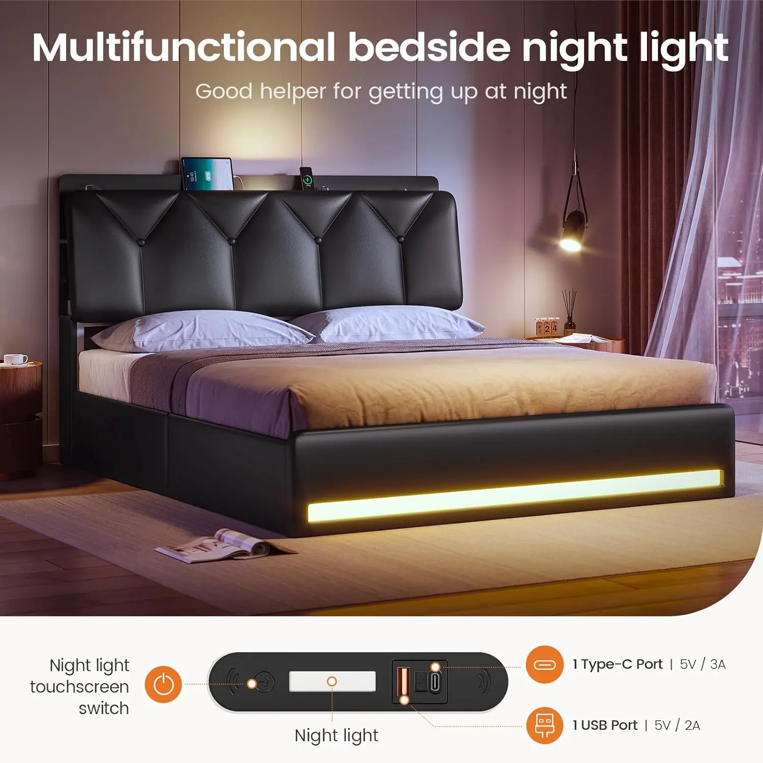 Full Size Bed Frame with 4 Storage Drawers and Charging Station, Slanted Hidden Storage Headboard, Upholstered Black Led