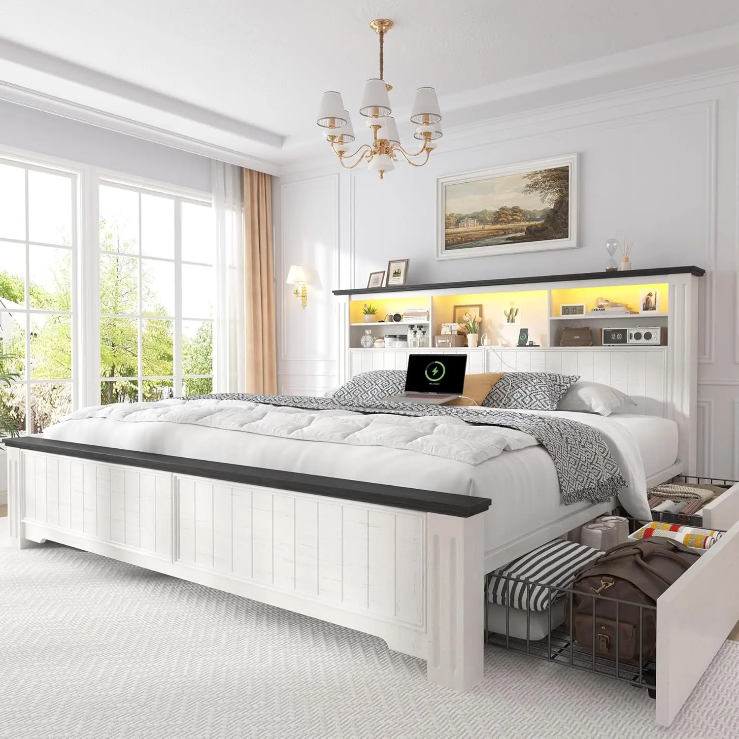 King Size Bed Frame and Headboard & Storage, 4 Drawers and LED Built in Charging Station King Bed Frame with Storage Farmhouse