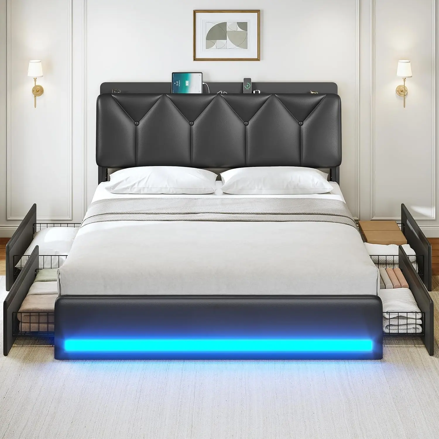 Full Size Bed Frame with 4 Storage Drawers and Charging Station, Slanted Hidden Storage Headboard, Upholstered Black Led