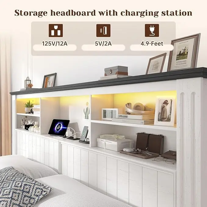 King Size Bed Frame and Headboard & Storage, 4 Drawers and LED Built in Charging Station King Bed Frame with Storage Farmhouse