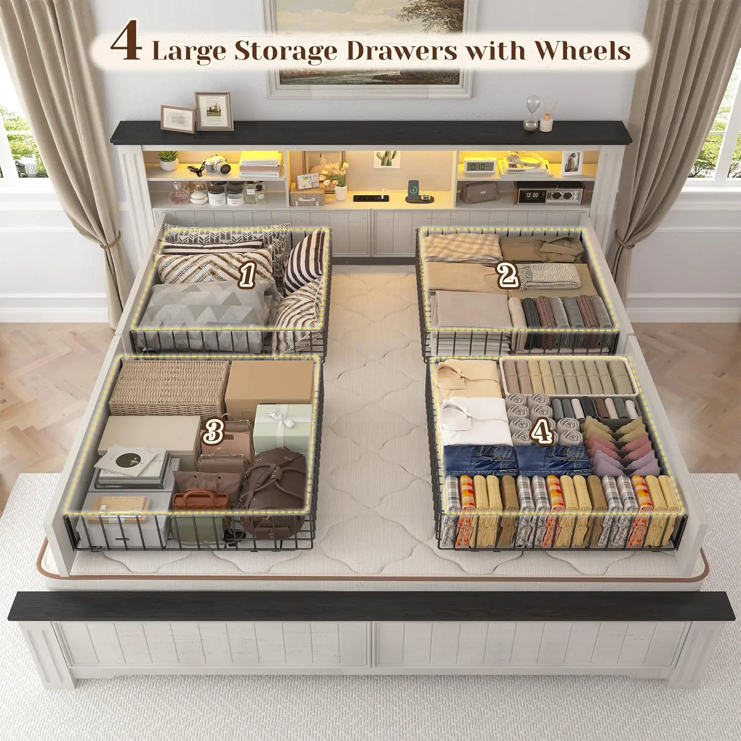 King Size Bed Frame and Headboard & Storage, 4 Drawers and LED Built in Charging Station King Bed Frame with Storage Farmhouse