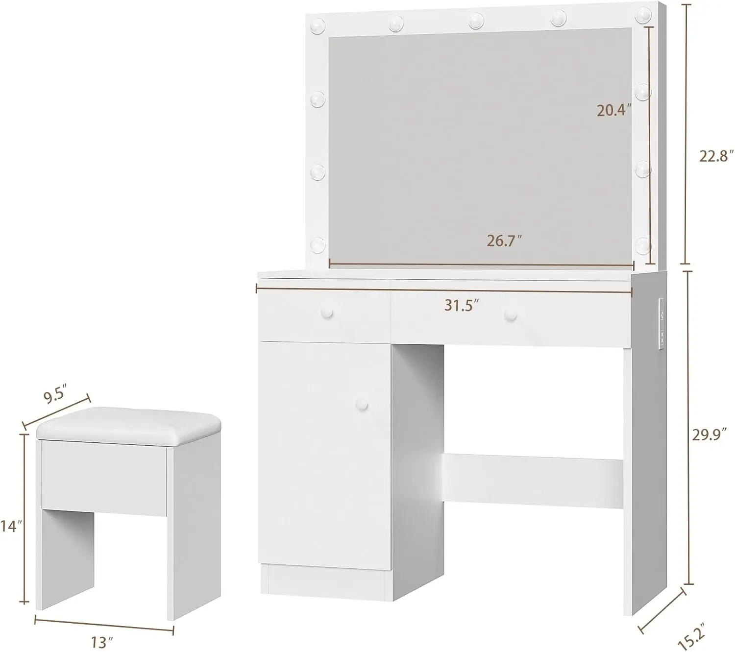 Makeup Vanity Desk with Lighted Mirror, White Vanity with Chair Power Outlet Drawers Cabinet, Dressing Table Set with 3 Lighting