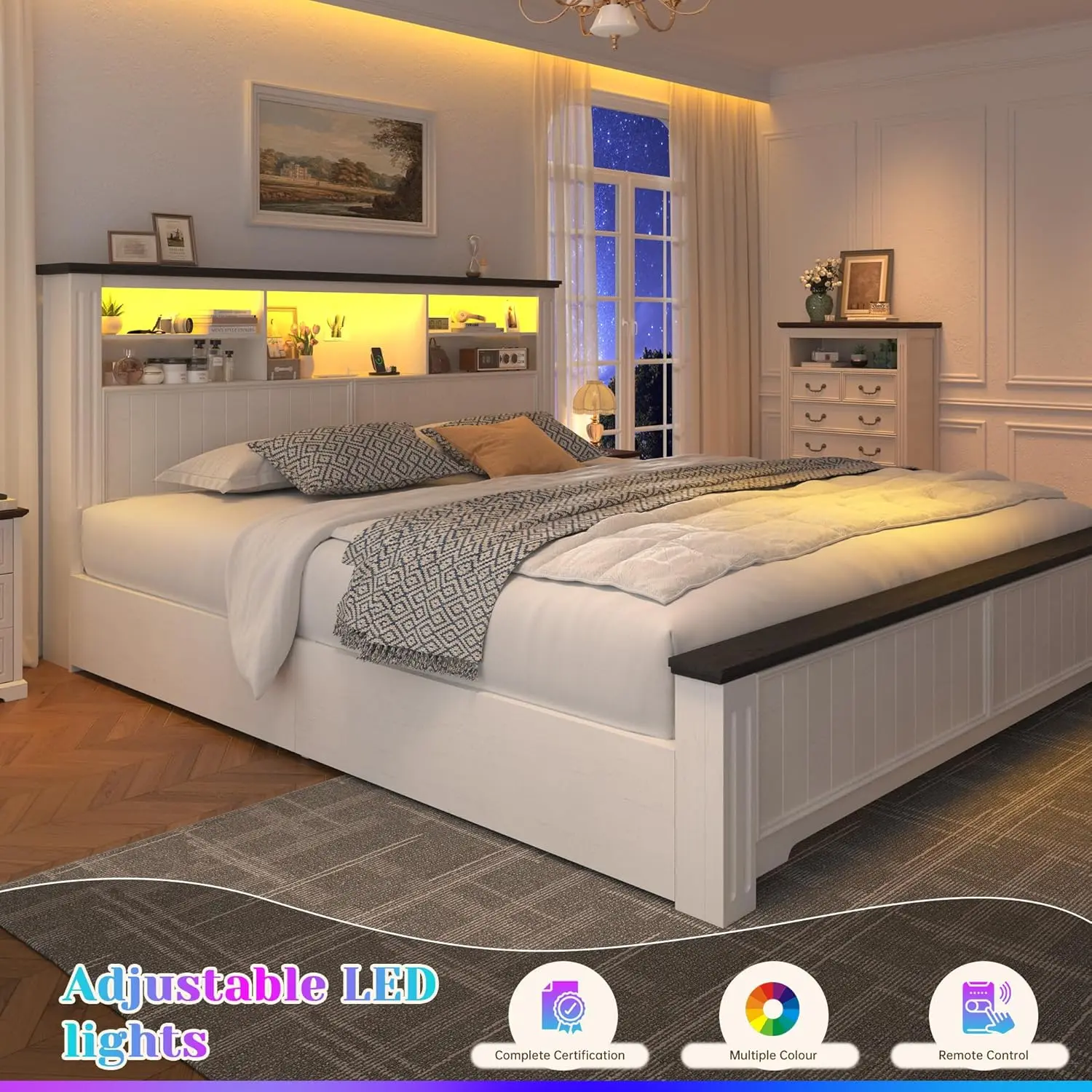 King Size Bed Frame and Headboard & Storage, 4 Drawers and LED Built in Charging Station King Bed Frame with Storage Farmhouse