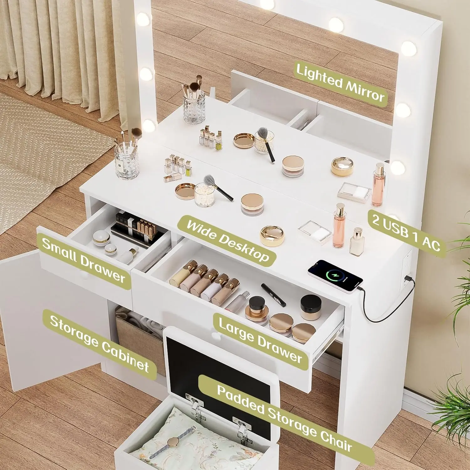 Makeup Vanity Desk with Lighted Mirror, White Vanity with Chair Power Outlet Drawers Cabinet, Dressing Table Set with 3 Lighting