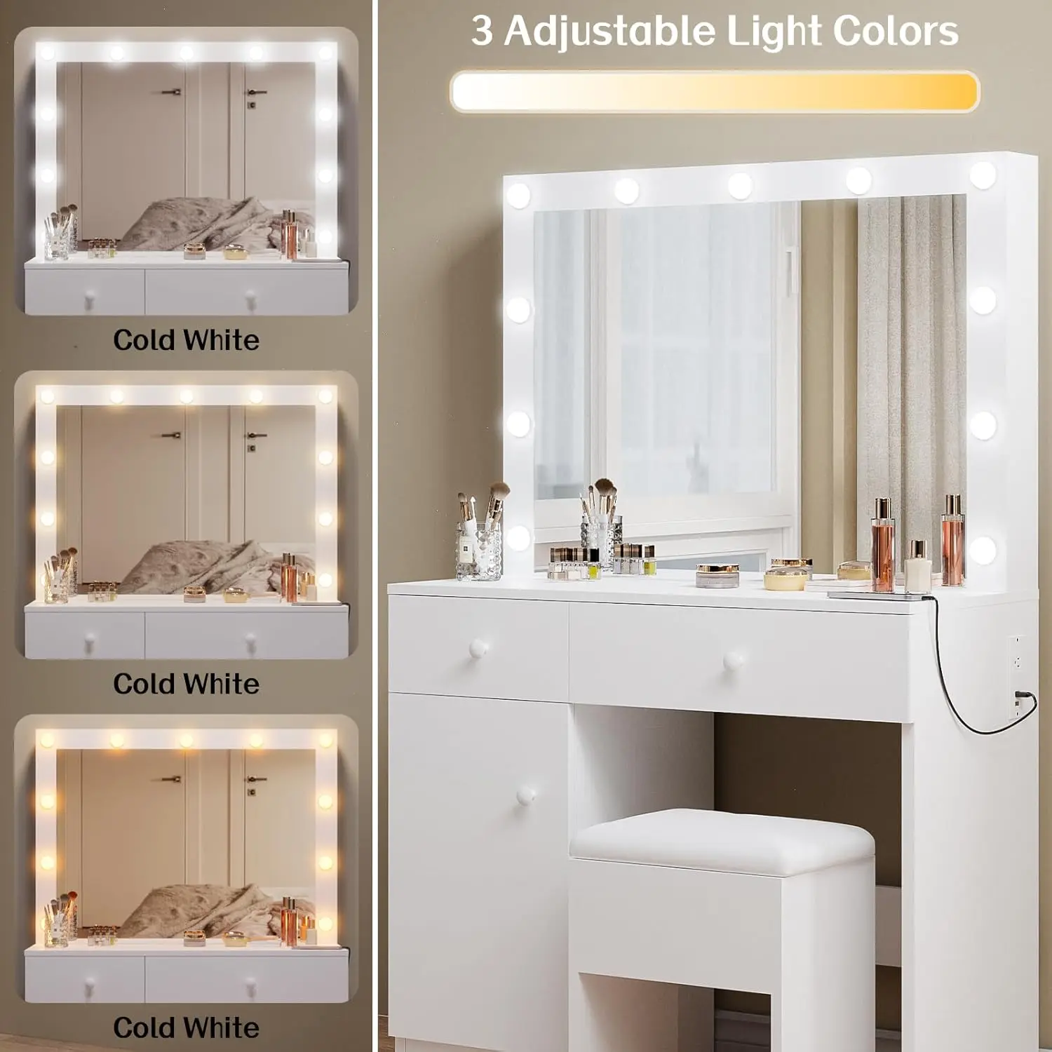 Makeup Vanity Desk with Lighted Mirror, White Vanity with Chair Power Outlet Drawers Cabinet, Dressing Table Set with 3 Lighting