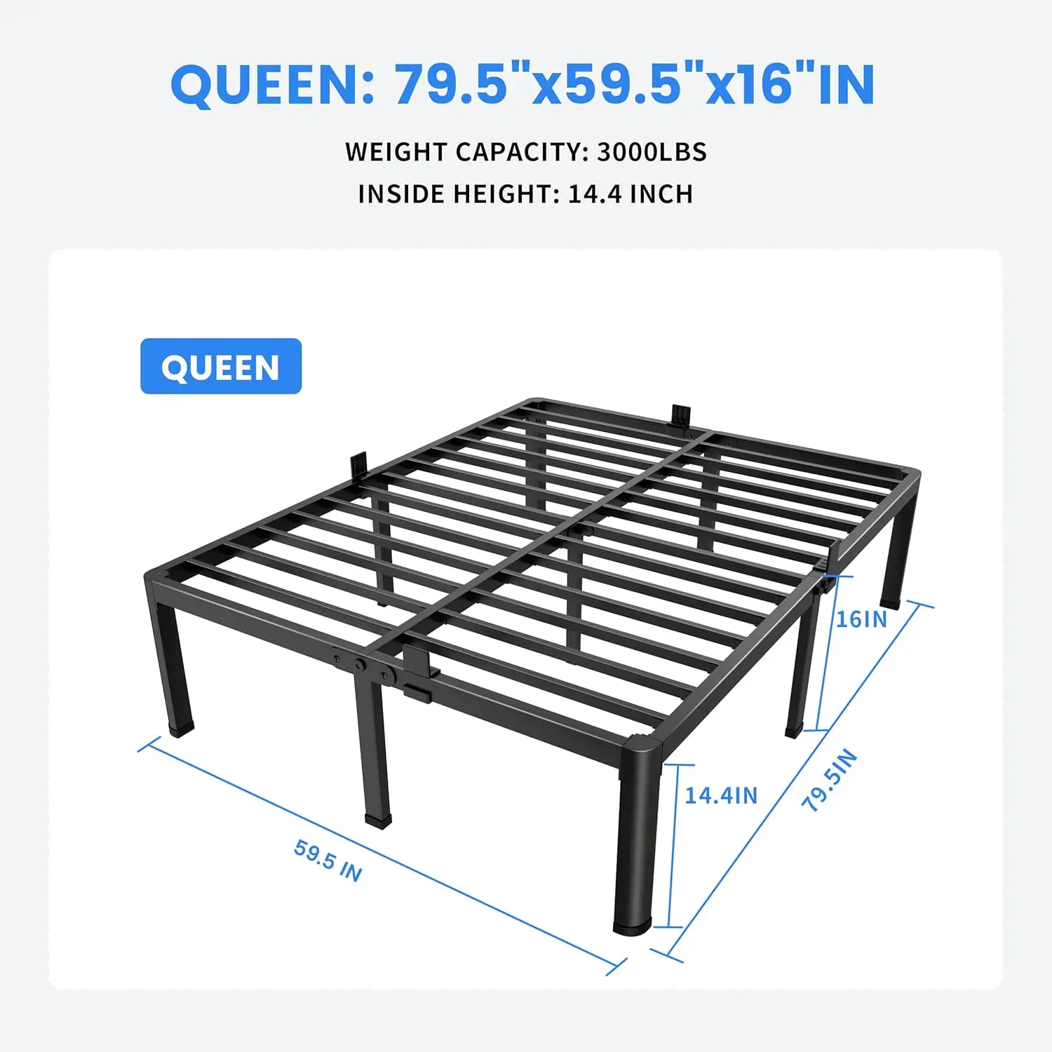 16 Inch Queen Bed Frames with Round Corner Legs Mattress Slide Stopper No Box Spring Needed Heavy Duty Metal Platform Bed Frame