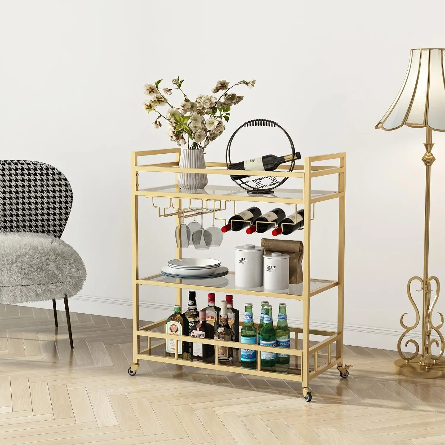 Bar Cart Gold with Bottle Storage and Wine Glass, Rolling Serving Bar Cart on Wheels Indoor & Outdoor, Patio, Gold Kitchen
