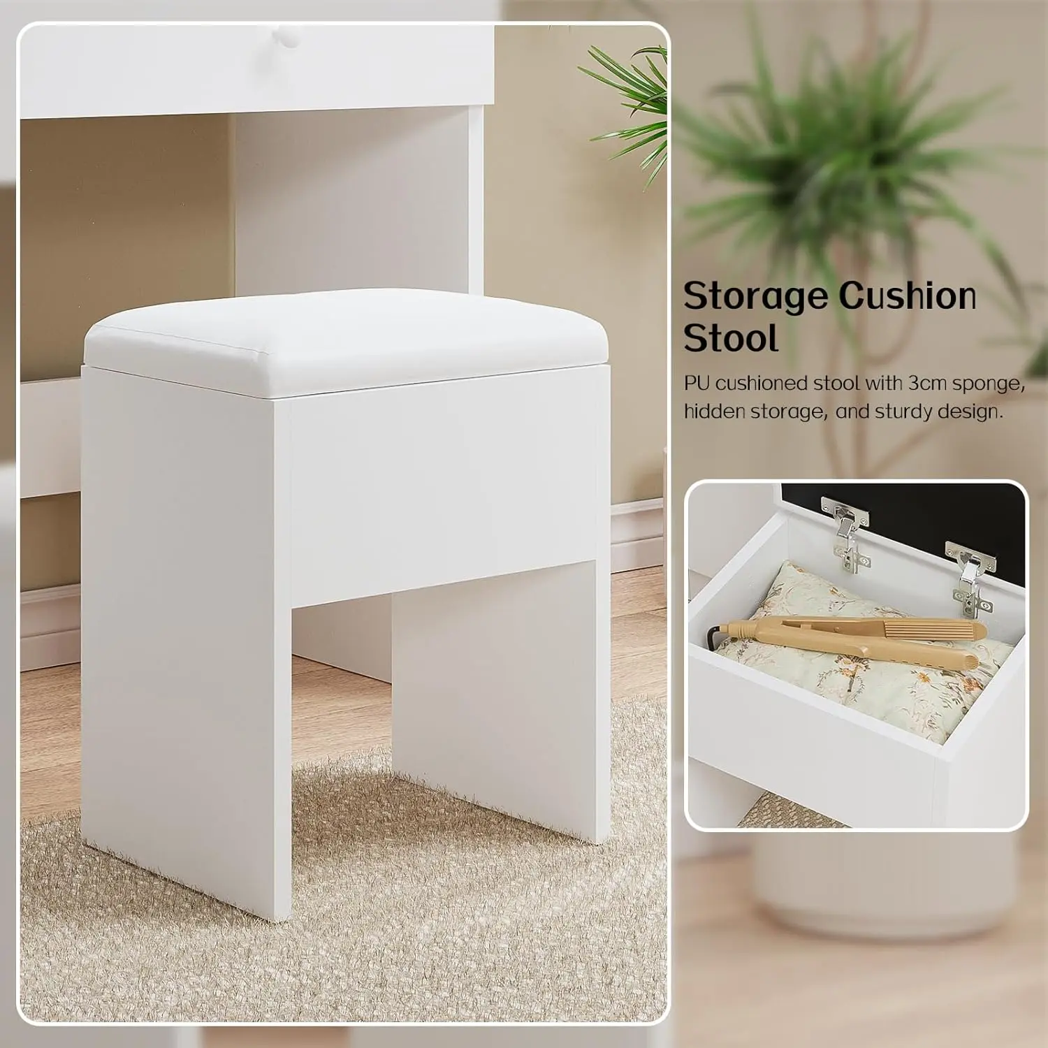 Makeup Vanity Desk with Lighted Mirror, White Vanity with Chair Power Outlet Drawers Cabinet, Dressing Table Set with 3 Lighting