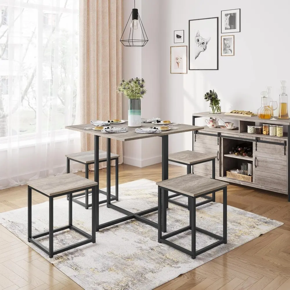 Dining Table Set for 4 Industrial Kitchen Table with 4 Chairs, Space-Saving Design for Apartment, Small Space, Breakfast Nook,