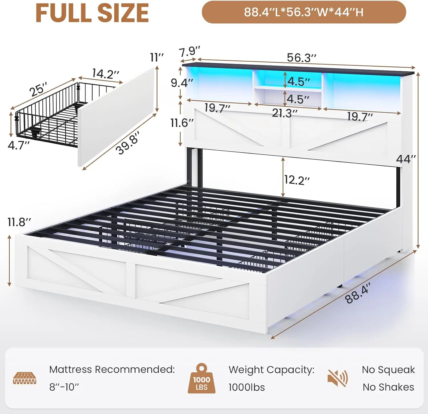 Farmhouse Bed Frame Full Size with Bookcase Storage Headboard, Charging Station and LED Lights, Wooden Full Bed Frame