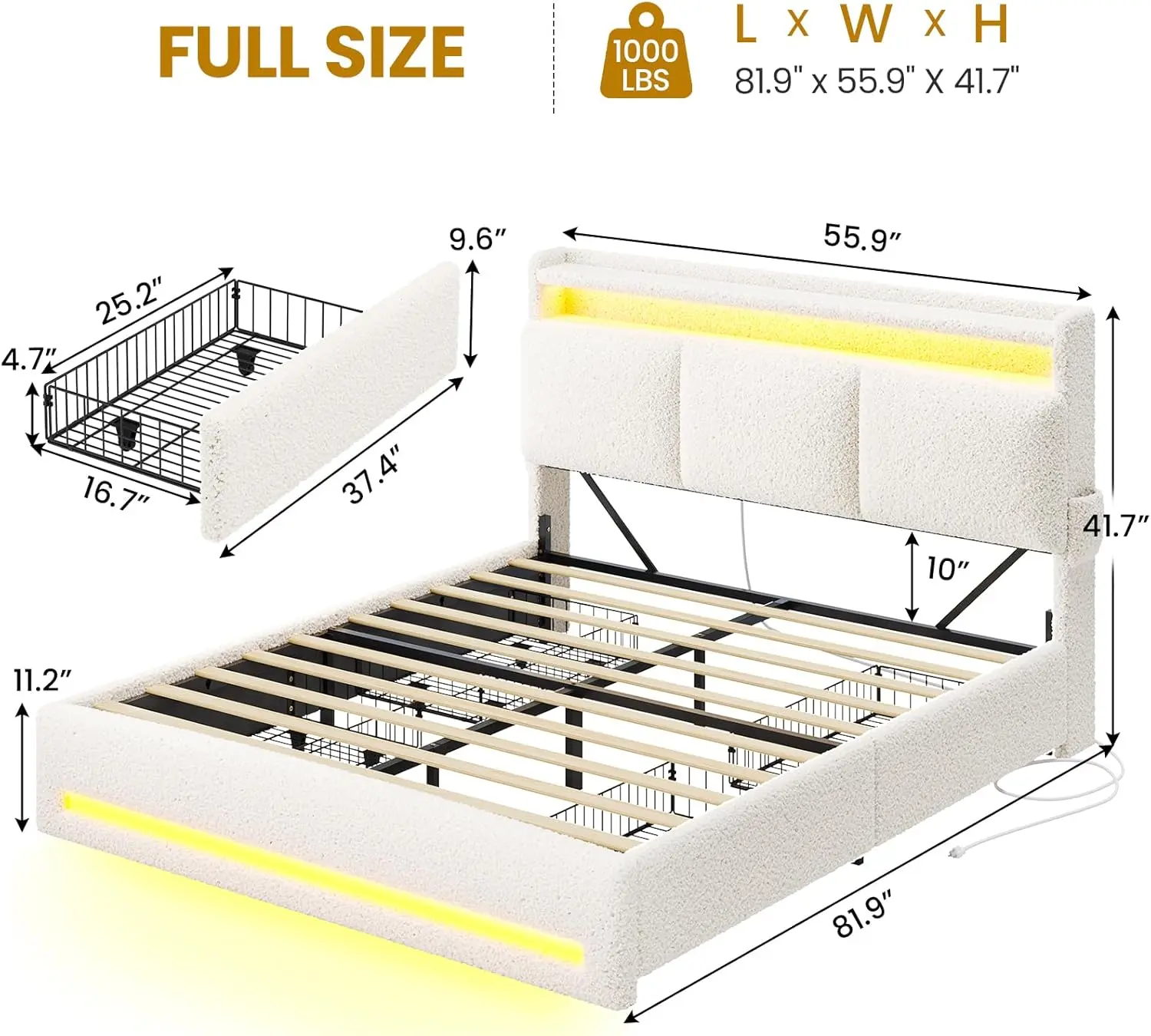 Full Size Bed Frame with Storage Headboard and Charging Station, Boucle Upholstered Bed Frame Full Size with 4 Drawers