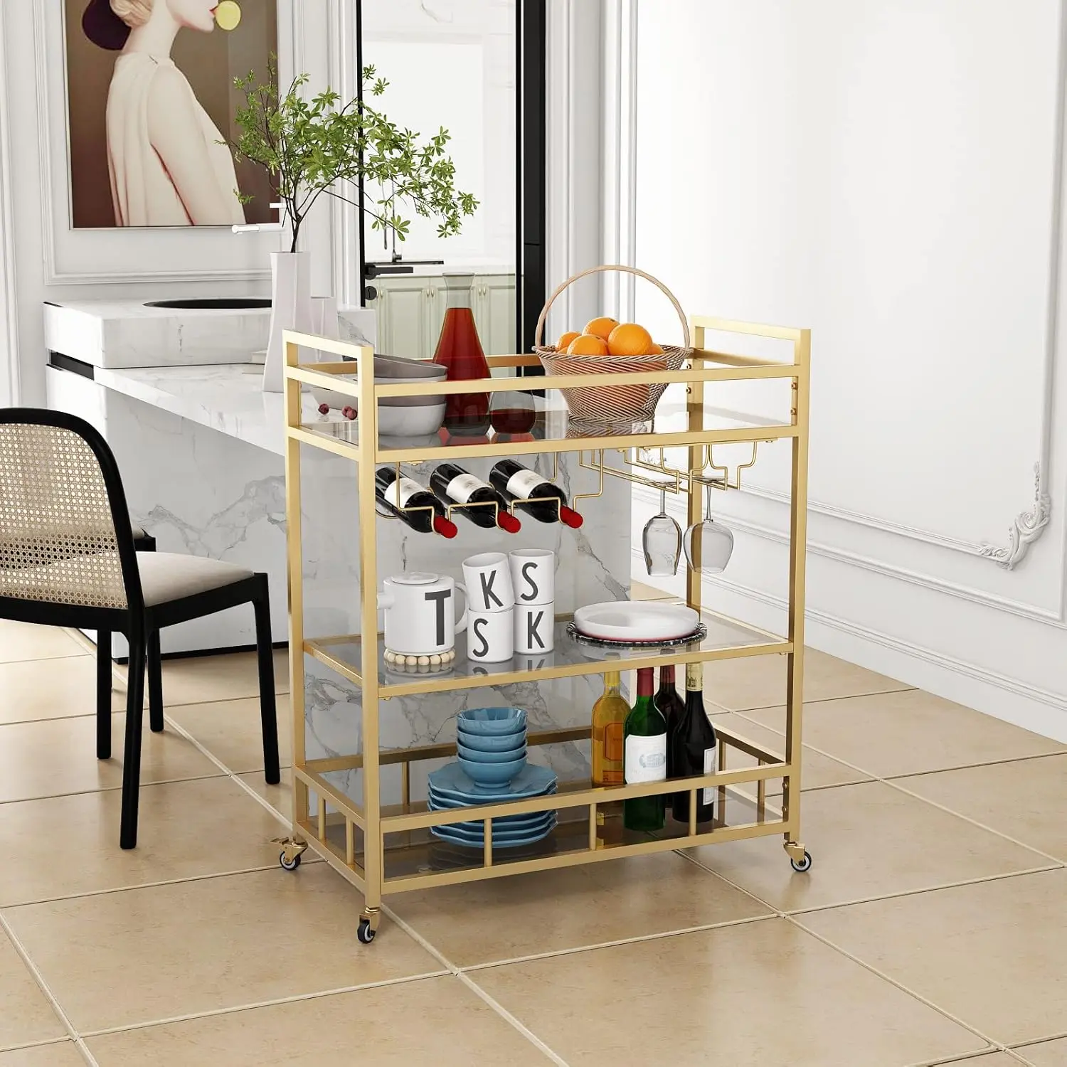 Bar Cart Gold with Bottle Storage and Wine Glass, Rolling Serving Bar Cart on Wheels Indoor & Outdoor, Patio, Gold Kitchen