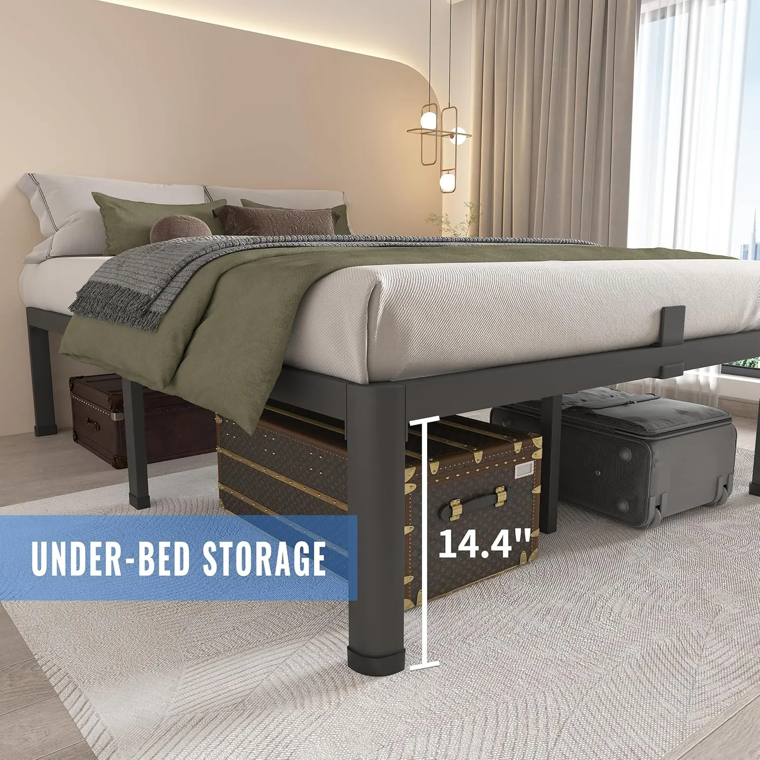 16 Inch Queen Bed Frames with Round Corner Legs Mattress Slide Stopper No Box Spring Needed Heavy Duty Metal Platform Bed Frame
