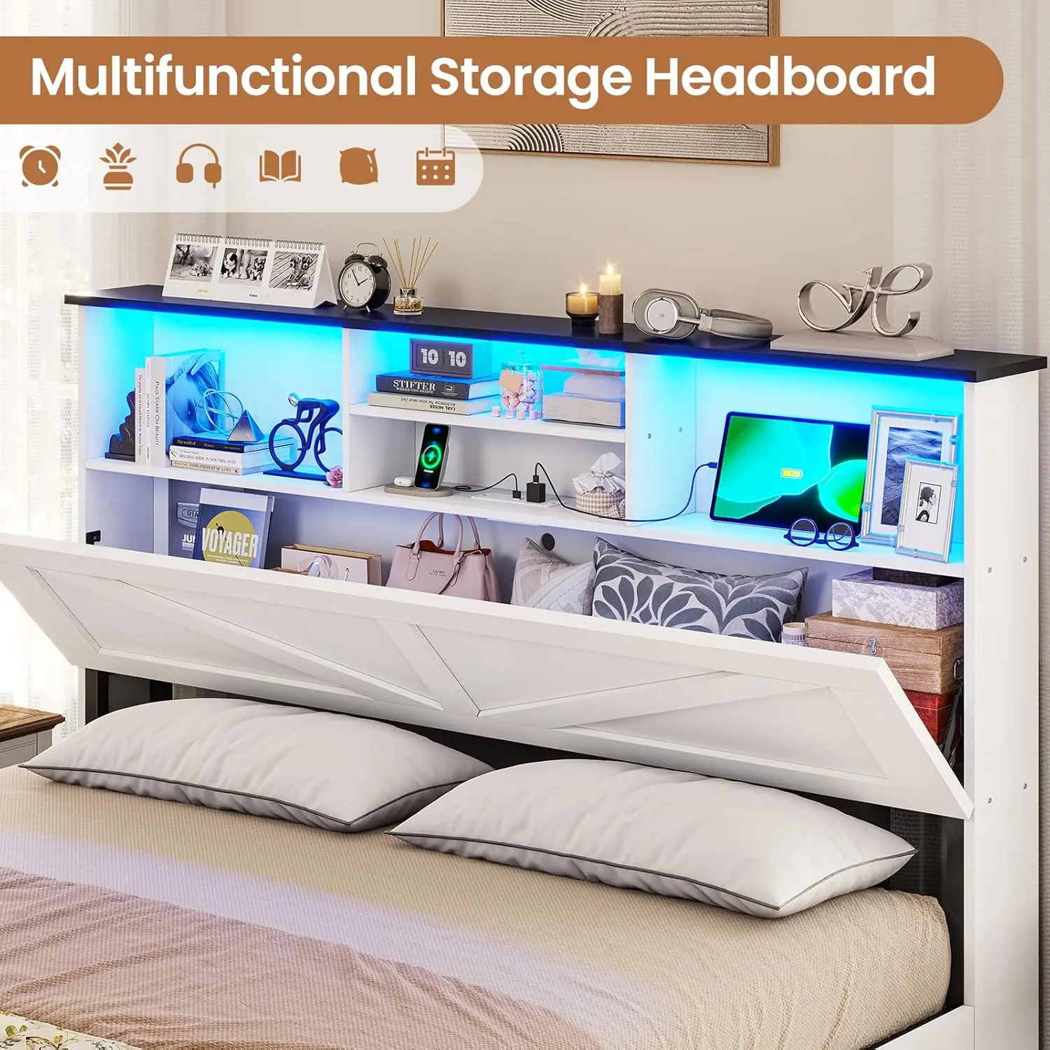 Farmhouse Bed Frame Full Size with Bookcase Storage Headboard, Charging Station and LED Lights, Wooden Full Bed Frame