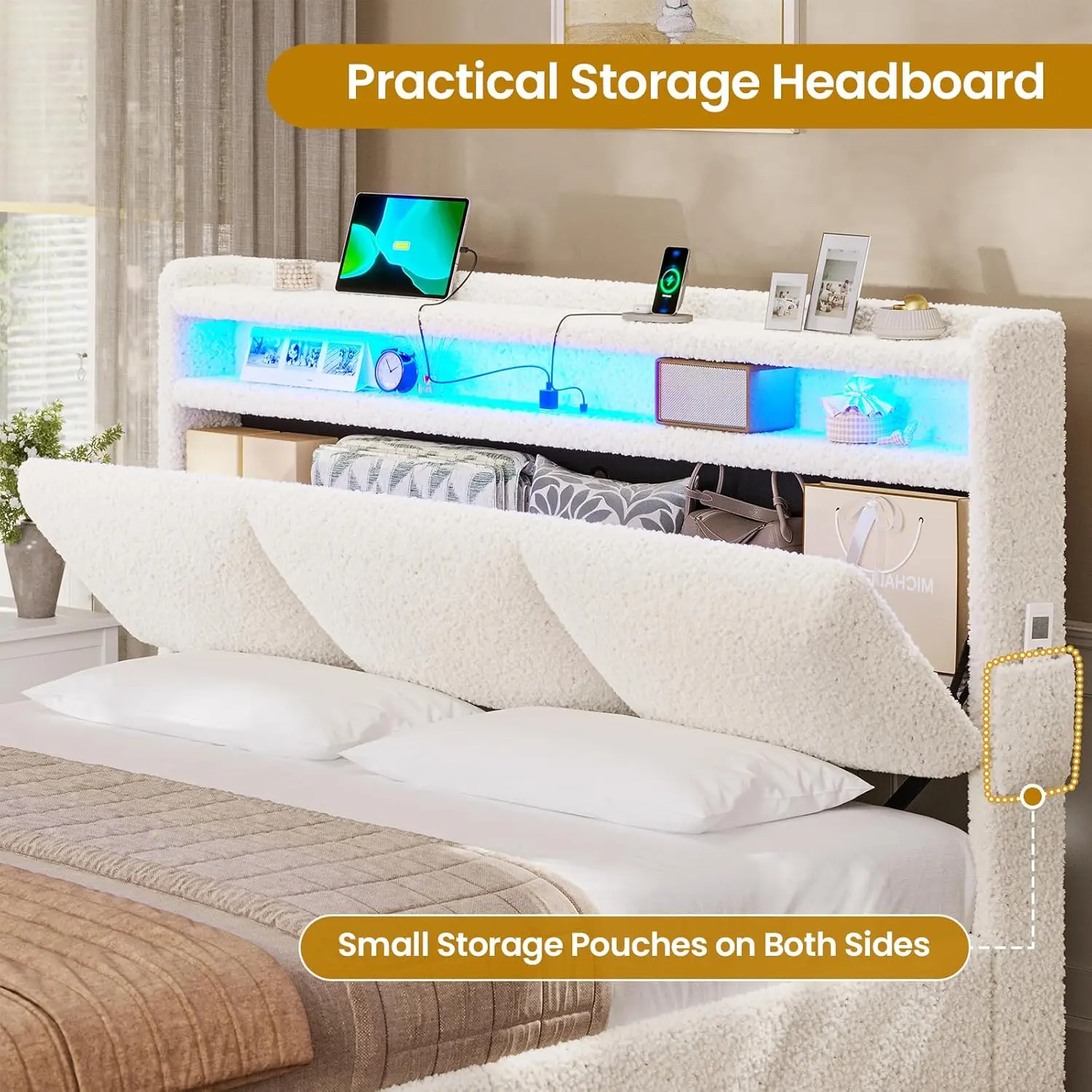 Full Size Bed Frame with Storage Headboard and Charging Station, Boucle Upholstered Bed Frame Full Size with 4 Drawers
