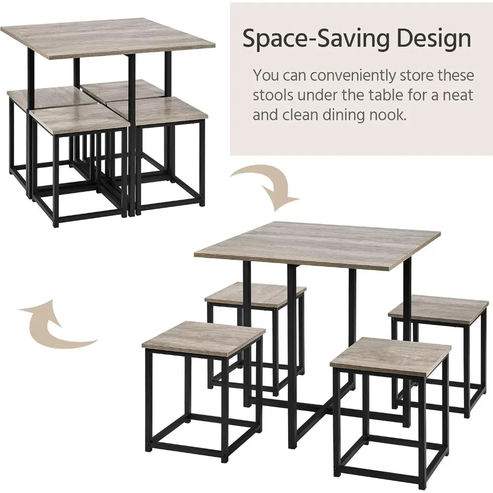 Dining Table Set for 4 Industrial Kitchen Table with 4 Chairs, Space-Saving Design for Apartment, Small Space, Breakfast Nook,