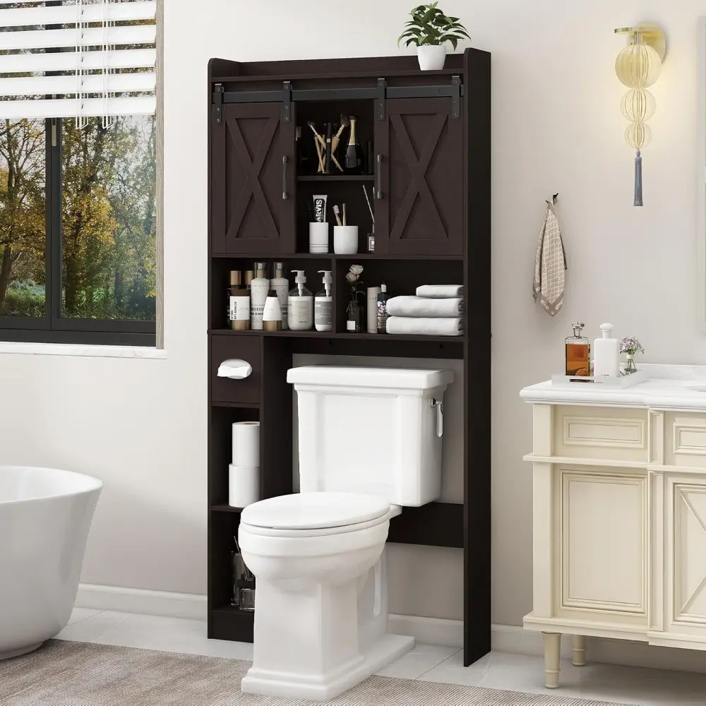 Farmhouse Over The Toilet Storage Cabinet with Sliding Doors & Toilet Paper Holder - Space-Saving Toilet Rack for Bathroom, Laun