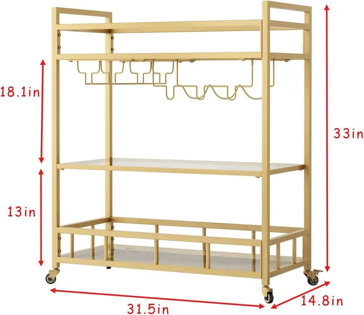 Bar Cart Gold with Bottle Storage and Wine Glass, Rolling Serving Bar Cart on Wheels Indoor & Outdoor, Patio, Gold Kitchen