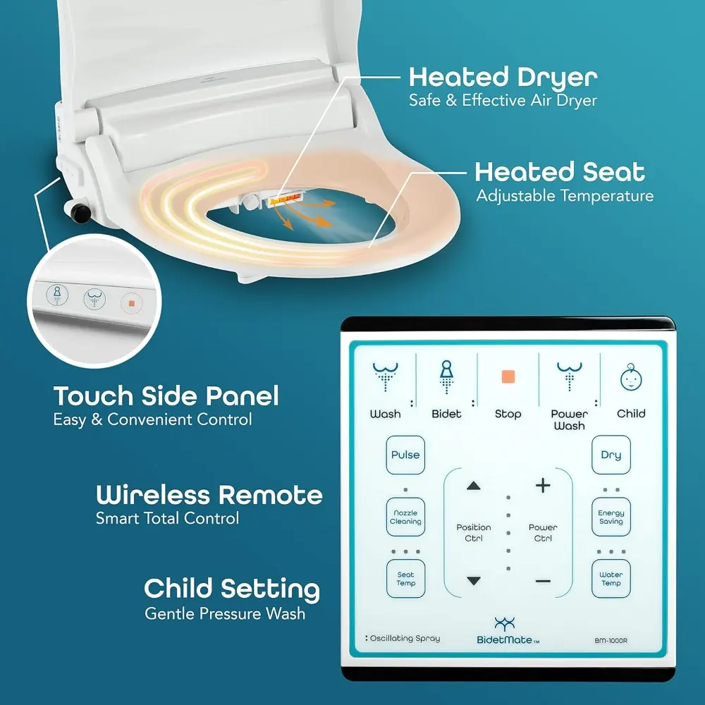 1000 Series Smart Toilet Seat with Heated Water, Wireless Remote, and Warm Air Dryer - Adjustable and Self-Cleaning electric bi