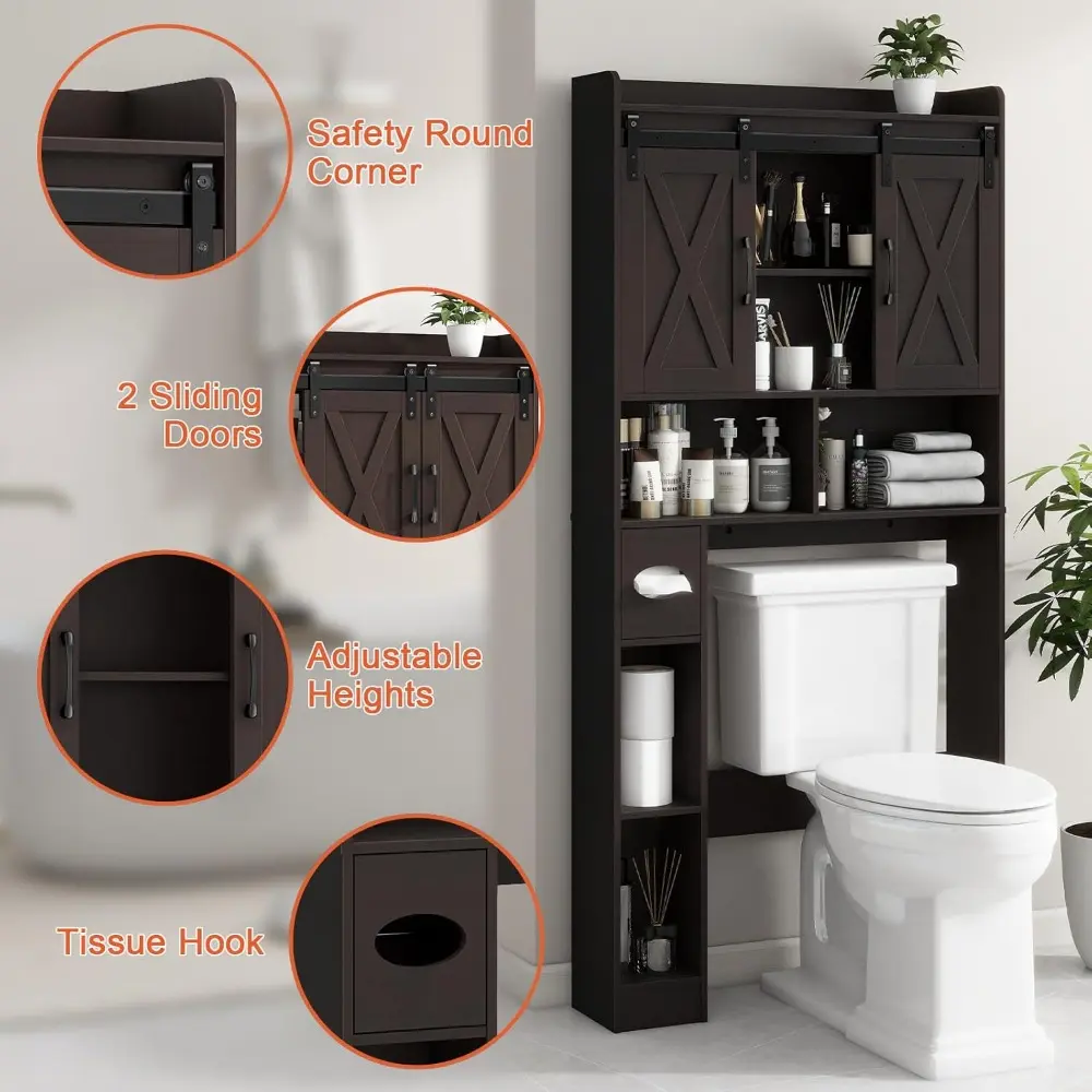 Farmhouse Over The Toilet Storage Cabinet with Sliding Doors & Toilet Paper Holder - Space-Saving Toilet Rack for Bathroom, Laun