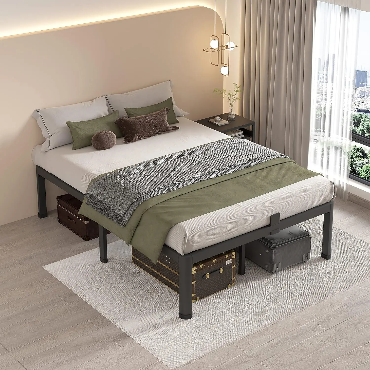 16 Inch Queen Bed Frames with Round Corner Legs Mattress Slide Stopper No Box Spring Needed Heavy Duty Metal Platform Bed Frame