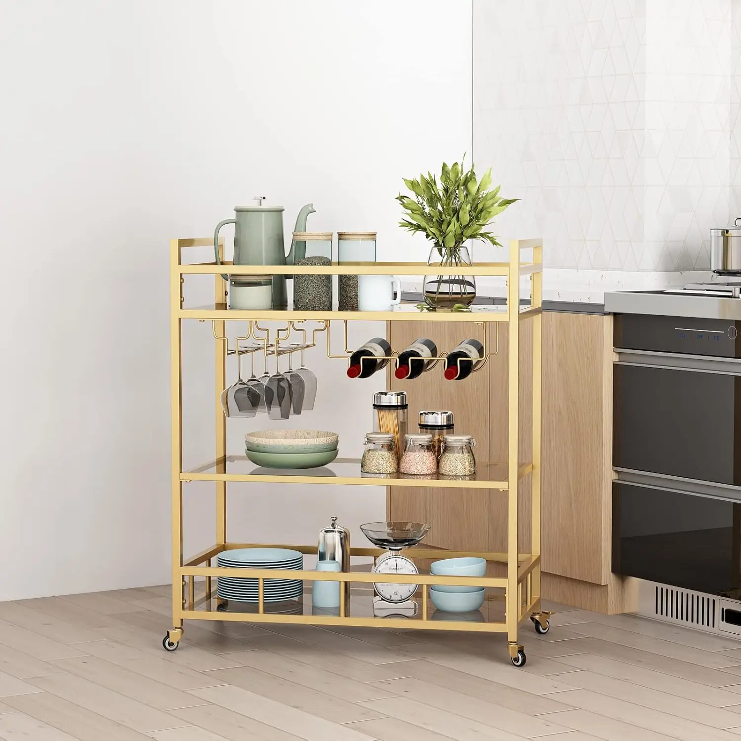 Bar Cart Gold with Bottle Storage and Wine Glass, Rolling Serving Bar Cart on Wheels Indoor & Outdoor, Patio, Gold Kitchen