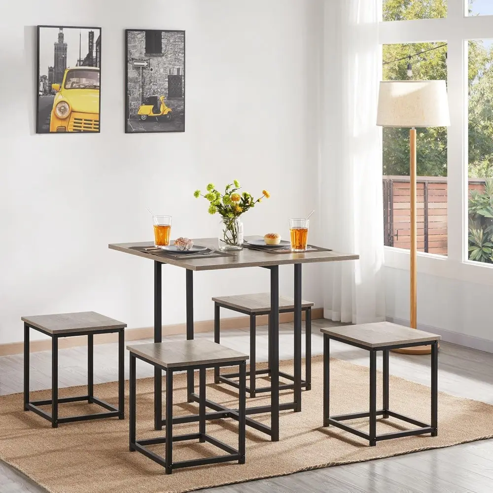 Dining Table Set for 4 Industrial Kitchen Table with 4 Chairs, Space-Saving Design for Apartment, Small Space, Breakfast Nook,