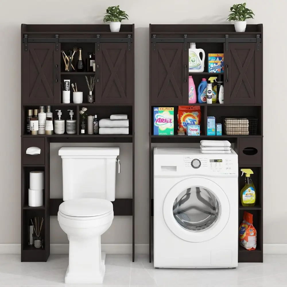 Farmhouse Over The Toilet Storage Cabinet with Sliding Doors & Toilet Paper Holder - Space-Saving Toilet Rack for Bathroom, Laun
