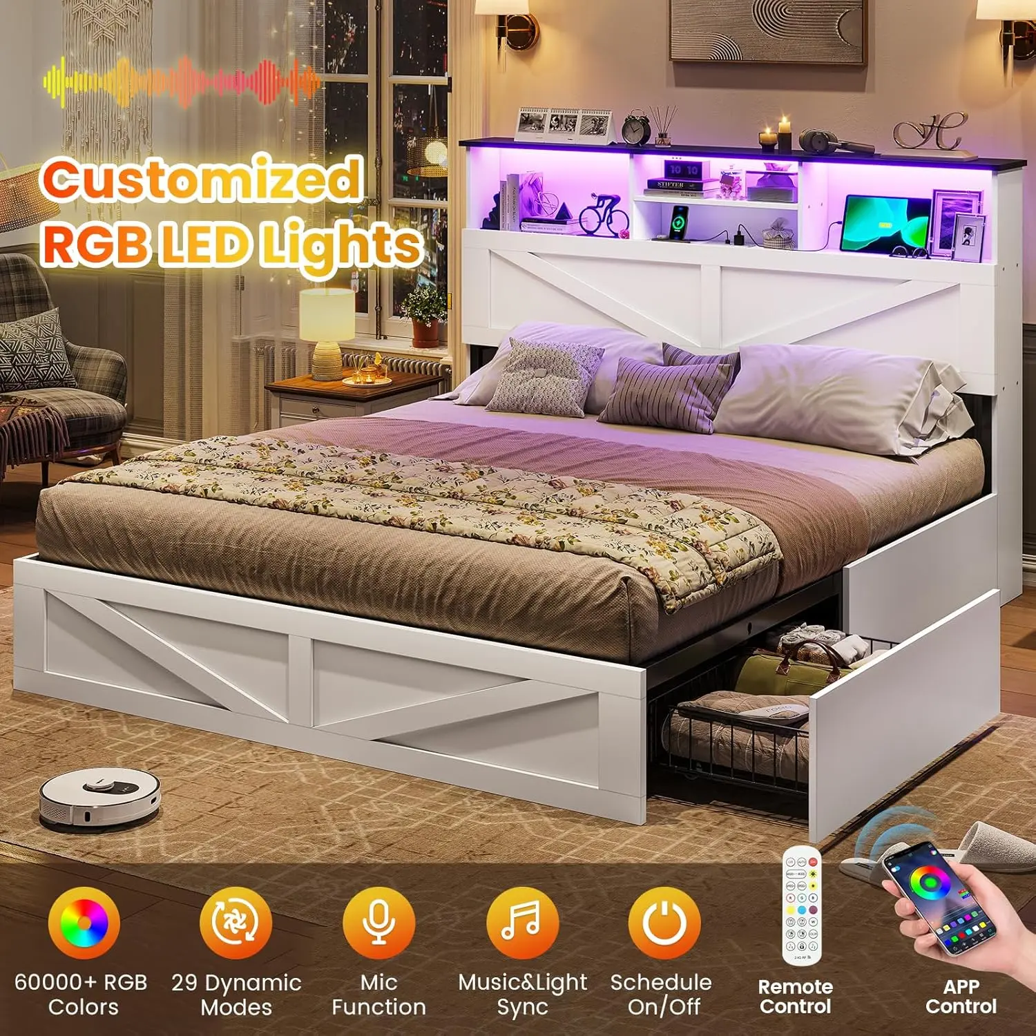Farmhouse Bed Frame Full Size with Bookcase Storage Headboard, Charging Station and LED Lights, Wooden Full Bed Frame
